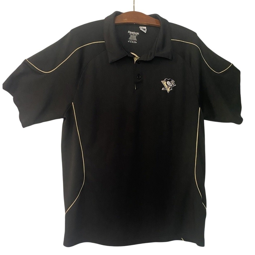 Reebok Mens Large Polo Shirt Black Gold NHL‎ Pittsburgh Penguins